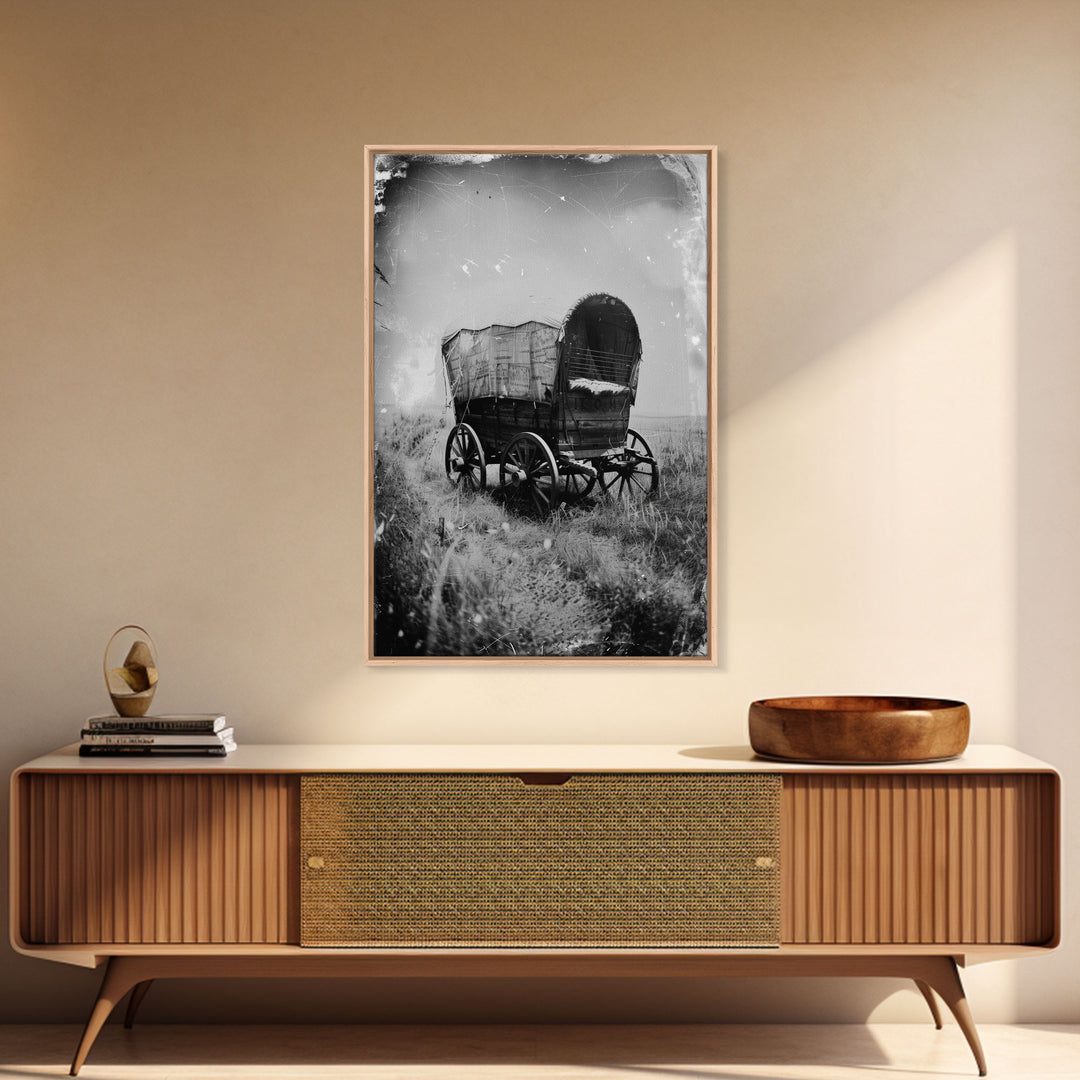 Old West Covered Wagon Art - Sepia Canvas Print, Rustic Pioneer Decor, Western Wall Art for Home, Vintage Wagon Artwork