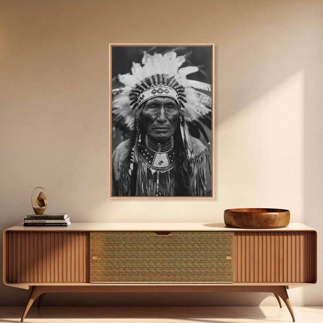 Native American Elder Sepia Print - Framed Canvas Wall Art, Indigenous Decor, Historical Artwork for Living Room, Rustic Wall Art