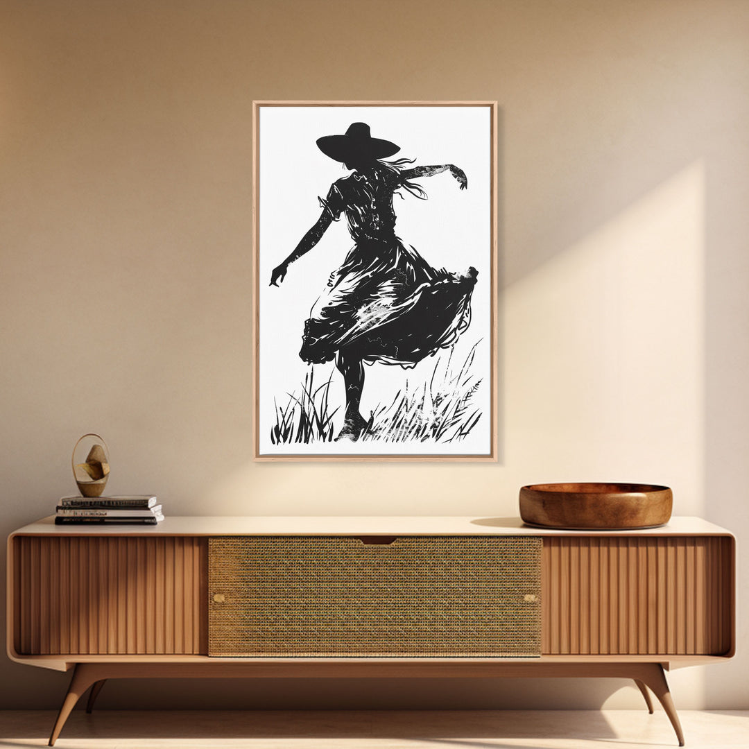 Country Girl Silhouette Art Print, Framed Canvas Western Decor, Vintage Cowgirl Artwork, Rustic Southwest Wall Art for Home