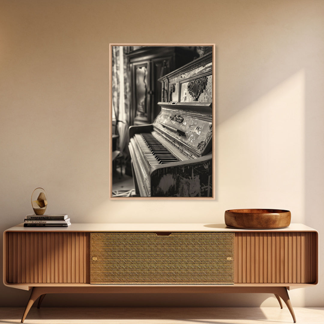 Vintage Rustic Piano Sepia Print - Framed Canvas Wall Art, Antique Music Decor for Living Room, Historical Piano Artwork for Home