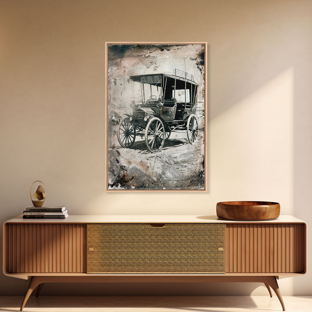 Antique Carriage Sepia Print - Framed Canvas Wall Art, Vintage Vehicle Decor for Living Room, Rustic Antique Car Artwork, Historical Art