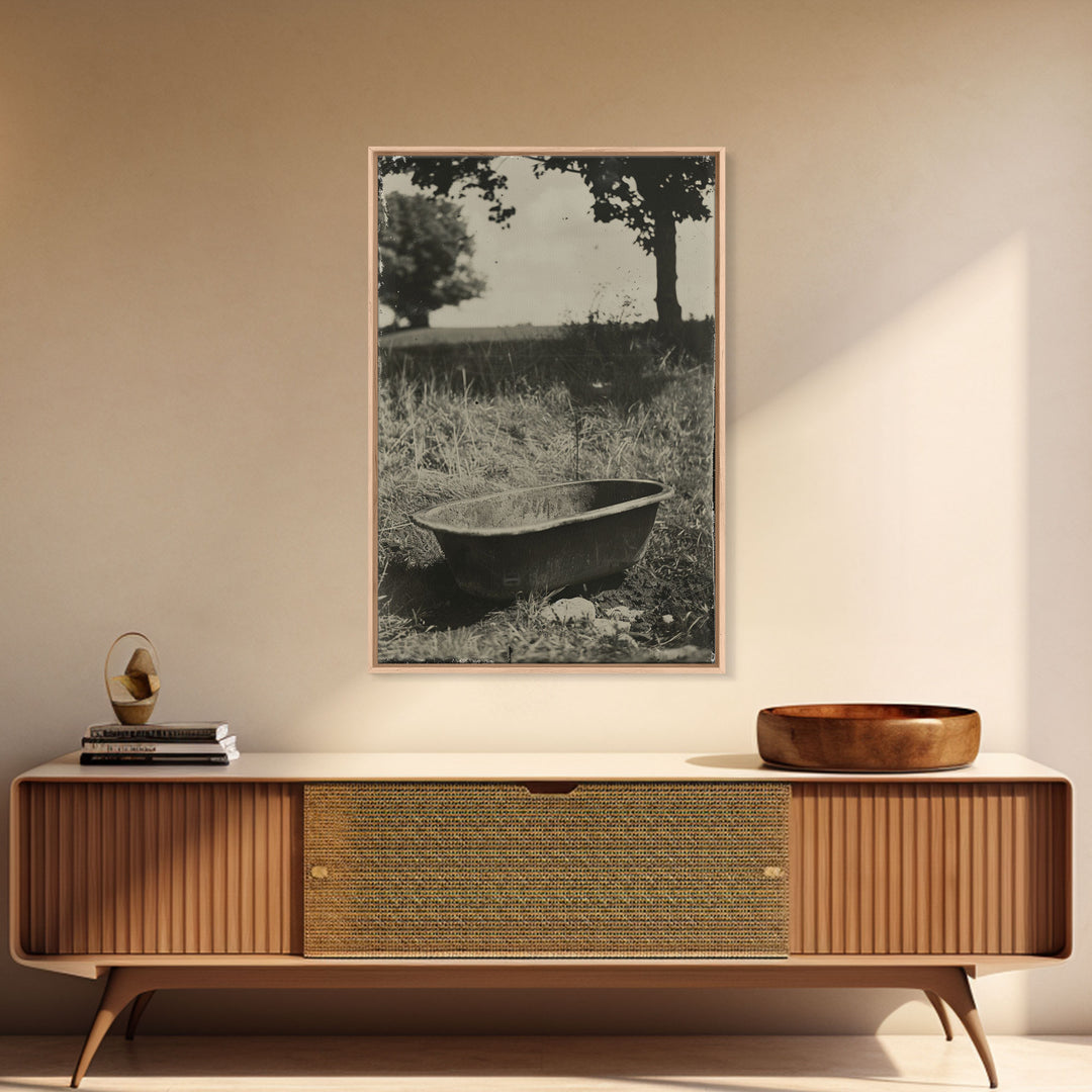 Vintage Farm Bathtub Sepia Print - Framed Canvas Wall Art, Rustic Country Decor, Antique Bathtub Artwork for Living Room, Farmhouse Art