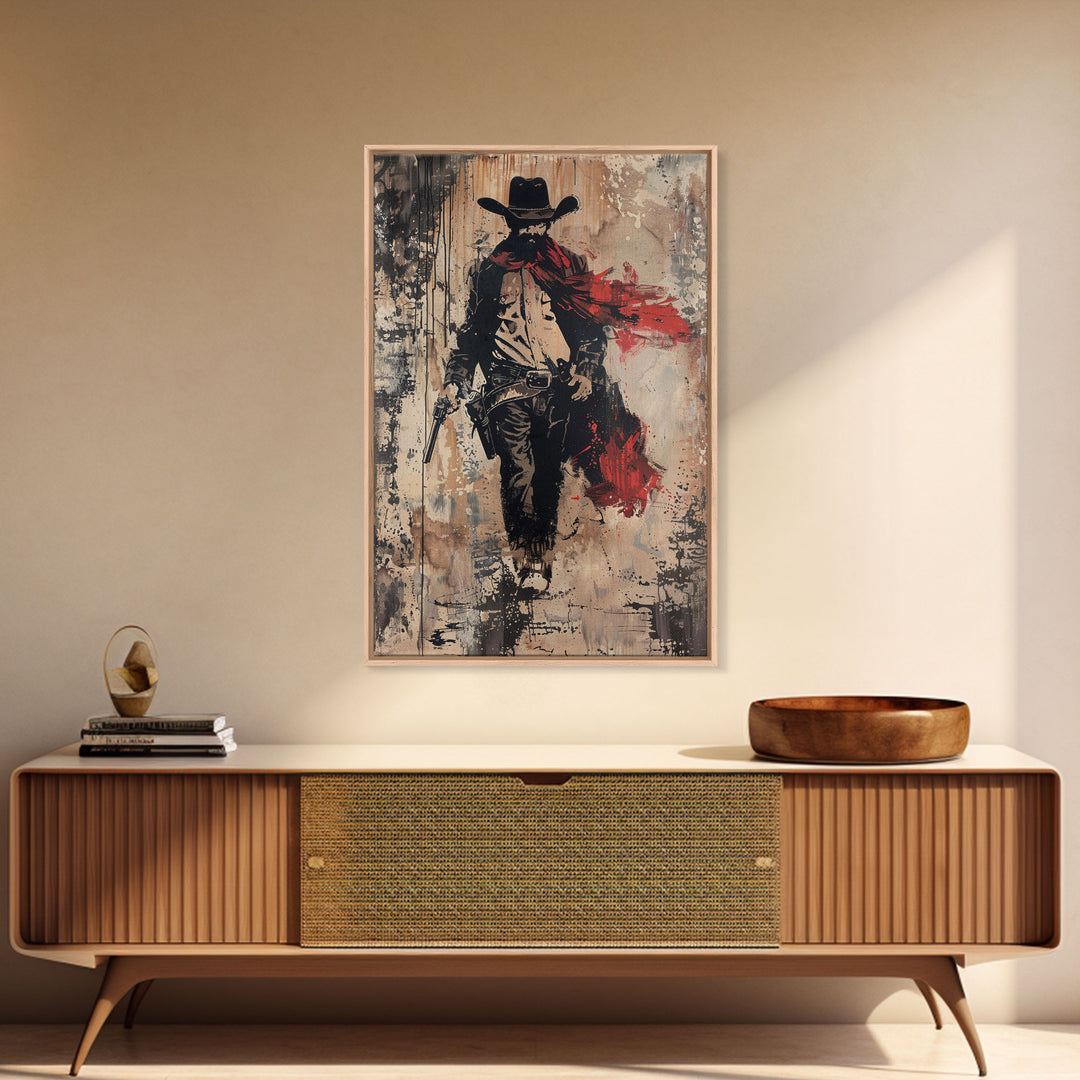 Cowboy with Red Scarf Art Print - Framed Canvas Western Wall Art, Rustic Cowboy Decor for Living Room, Vintage Western Artwork, Cowboy Art