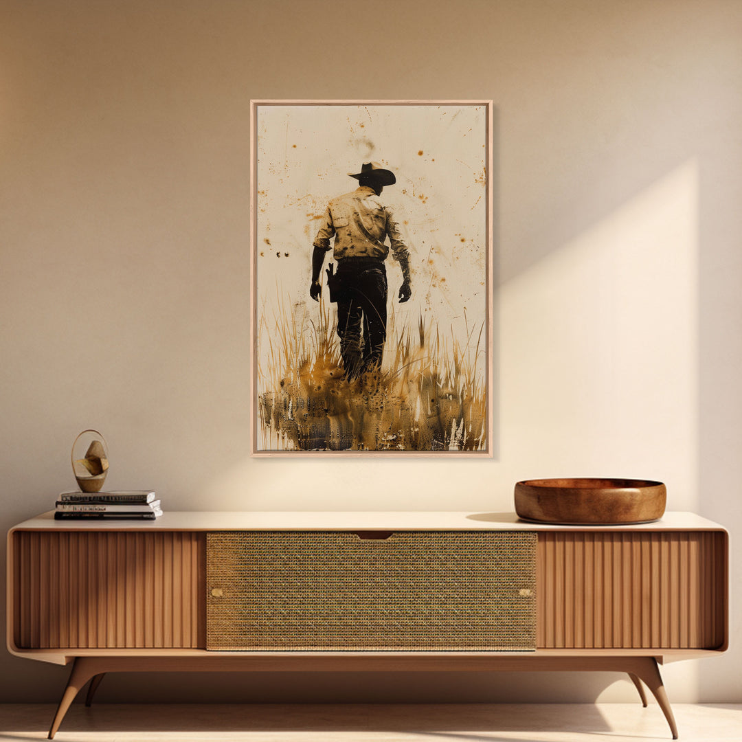 Cowboy Walking in the Field Print - Framed Canvas Wall Art, Rustic Western Decor, Cowboy Artwork for Living Room, Vintage Art, Rustic Decor