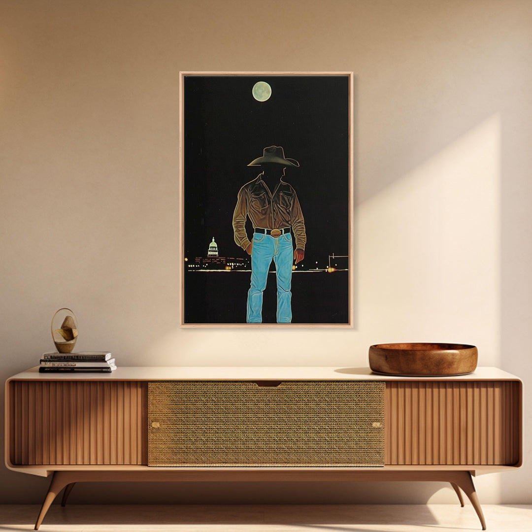 Cowboy Under the Moon Print - Framed Canvas Wall Art, Rustic Western Decor, Nighttime Cowboy Artwork for Living Room, Western Night Sky