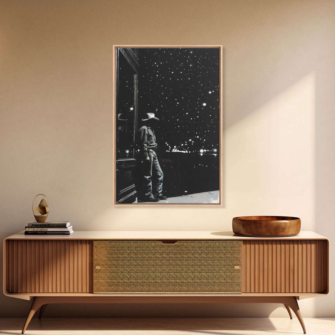 Cowboy in Starry Night Print - Framed Canvas Wall Art, Rustic Western Decor, Starry Sky Cowboy Artwork for Living Room, Night Sky Art