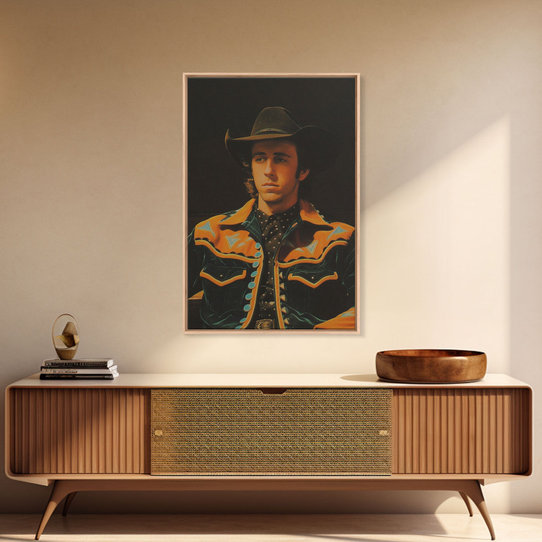 Retro Cowboy Portrait Print - Framed Canvas Wall Art, Rustic Western Decor, Vintage Cowboy Artwork for Living Room, Historical Portrait