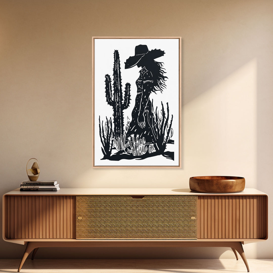 Cowgirl at Sunset Art Print, Western Silhouette Framed Canvas, Vintage Desert Scene, Rustic Western Home Decor, Unique Wall Art