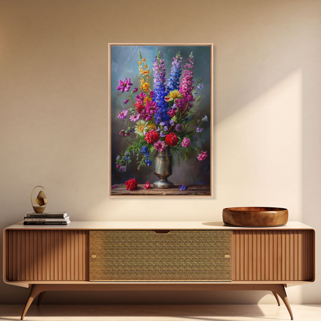 Dramatic Floral Vase Art on Rich Background - Framed Canvas Print, Bold Flower Decor for Living Room, Botanical Artwork, Floral Wall Art