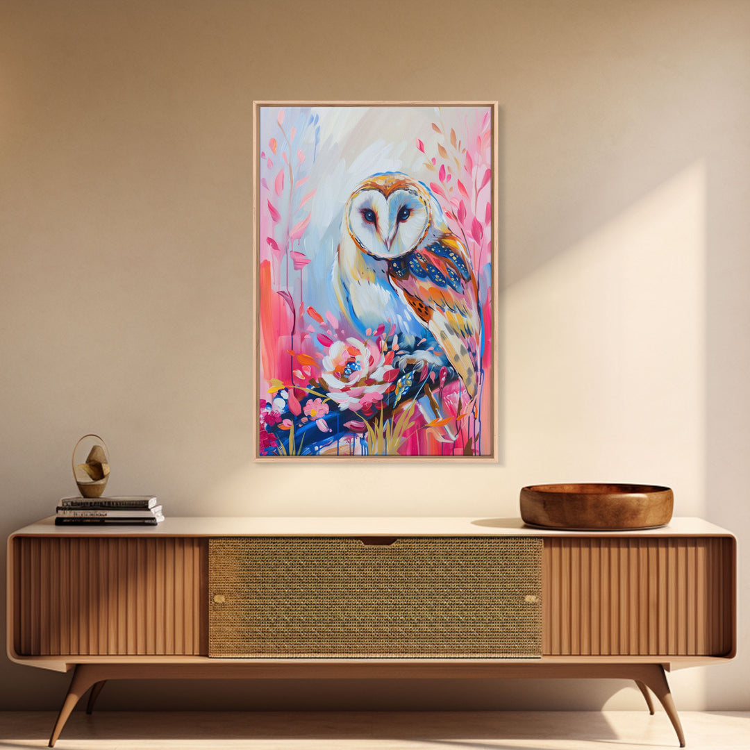 Colorful Owl Art on Pink Background - Framed Canvas Print, Modern Animal Decor for Living Room, Bright Bird Artwork, Whimsical Wall Art