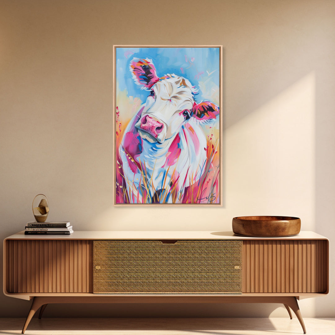 Whimsical Colorful Cow Portrait - Modern Farmhouse Wall Art, Vibrant Animal Painting, Living Room Decor, Cute Cow Canvas Print