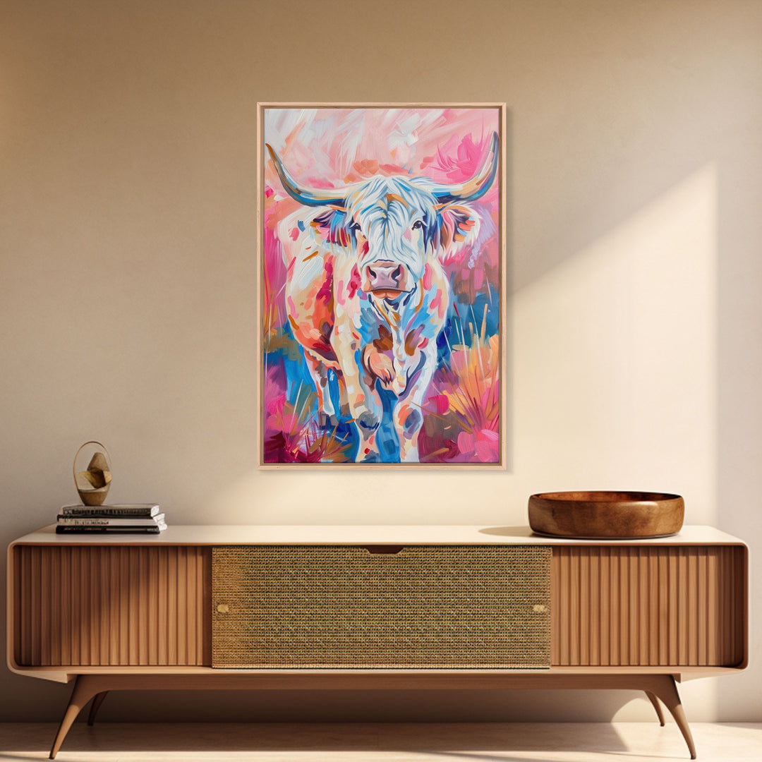 Colorful Highland Cow Art - Rustic Farmhouse Wall Decor, Vibrant Animal Painting, Living Room Art, Highland Cow Canvas Print