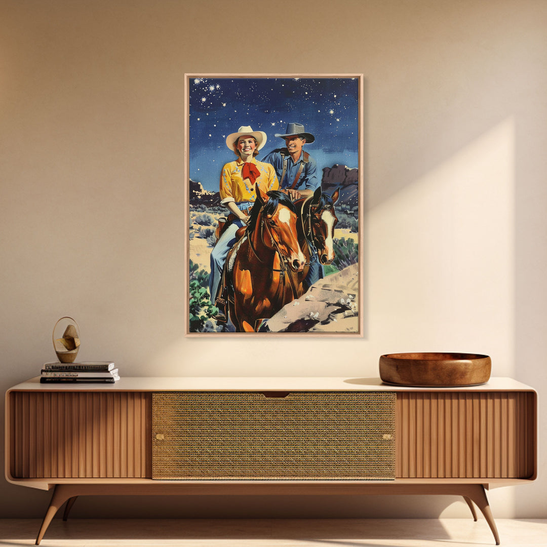 Vintage Western Couple Riding Horses Under Stars - Rustic Cowboy Wall Art, Night Sky Painting, Living Room Decor, Western Canvas