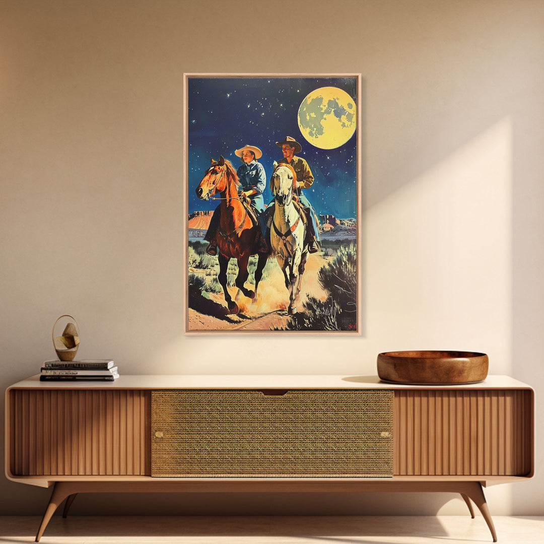 Vintage Cowboy Couple Under Moonlit Sky - Rustic Western Wall Art, Night Sky Painting, Bedroom Decor, Cowboy Canvas Print