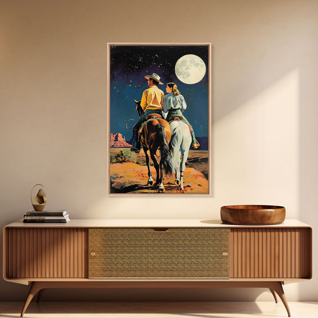 Cowboy Couple Gazing at Moon - Vintage Western Wall Art, Romantic Night Sky Painting, Living Room Decor, Cowboy Canvas Print