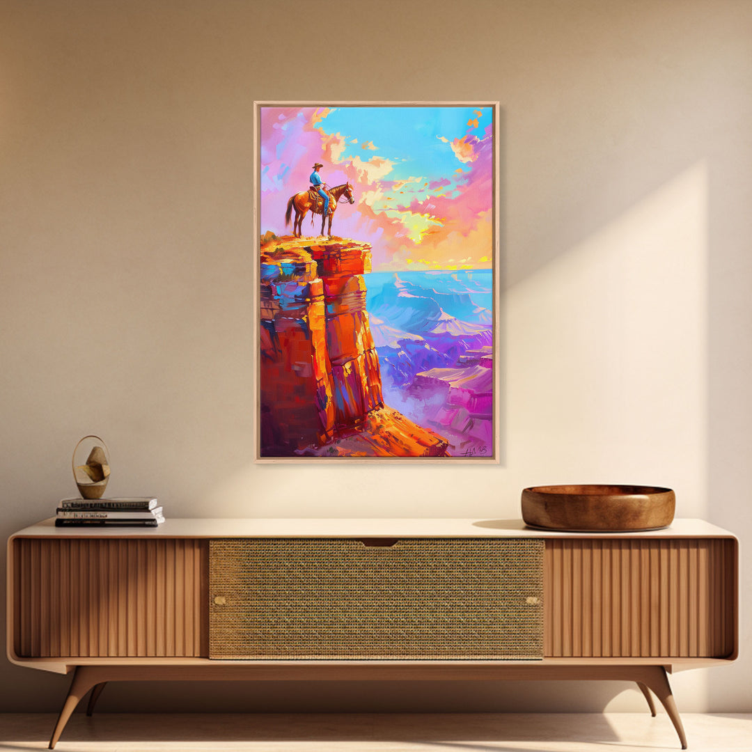 Cowboy on Cliff Edge at Sunset - Colorful Western Landscape Painting, Sunset Wall Art, Living Room Decor, Cowboy Canvas Print