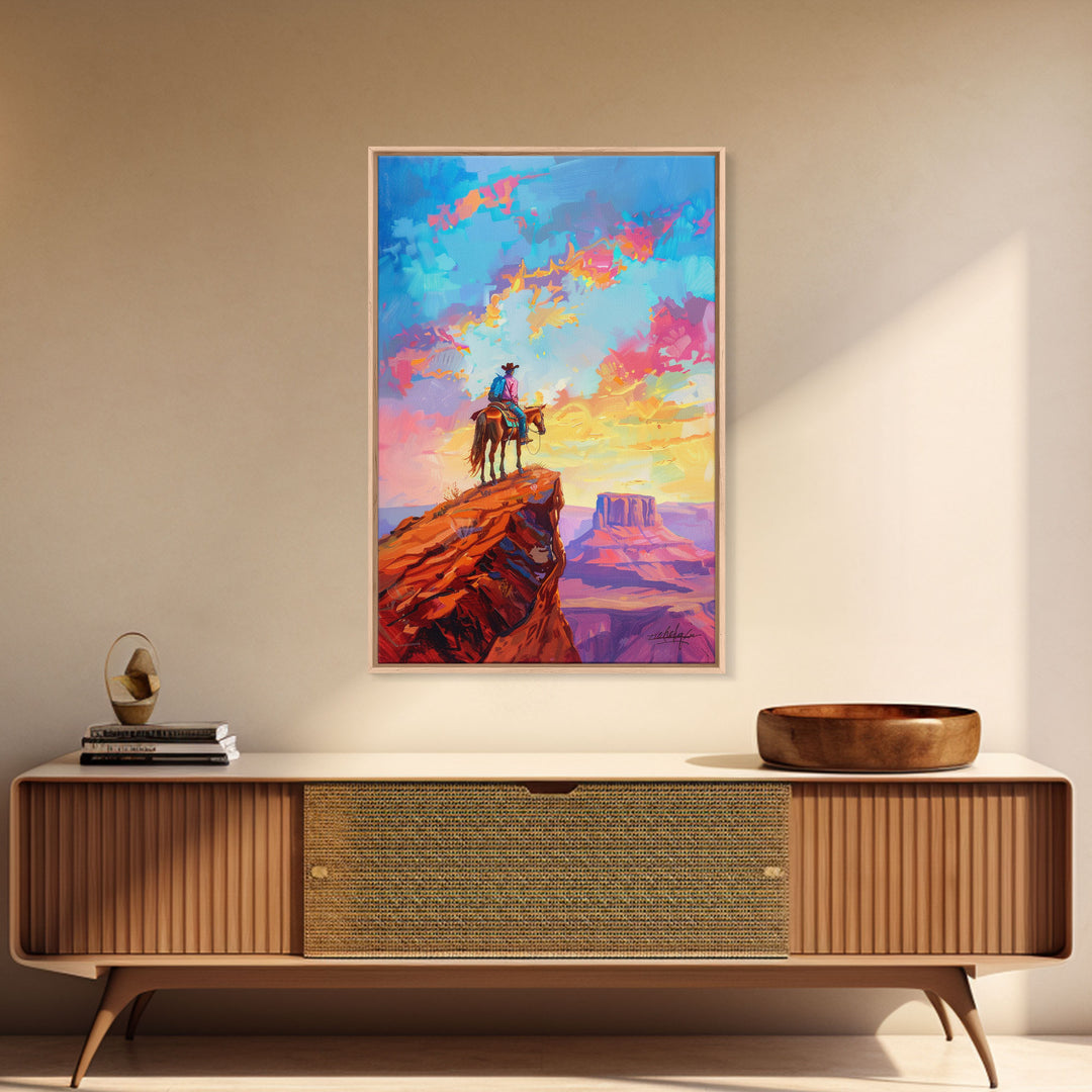 Cowboy on Horseback Overlooking Canyon - Vibrant Western Landscape Art, Sunset Painting, Living Room Decor, Cowboy Canvas Print