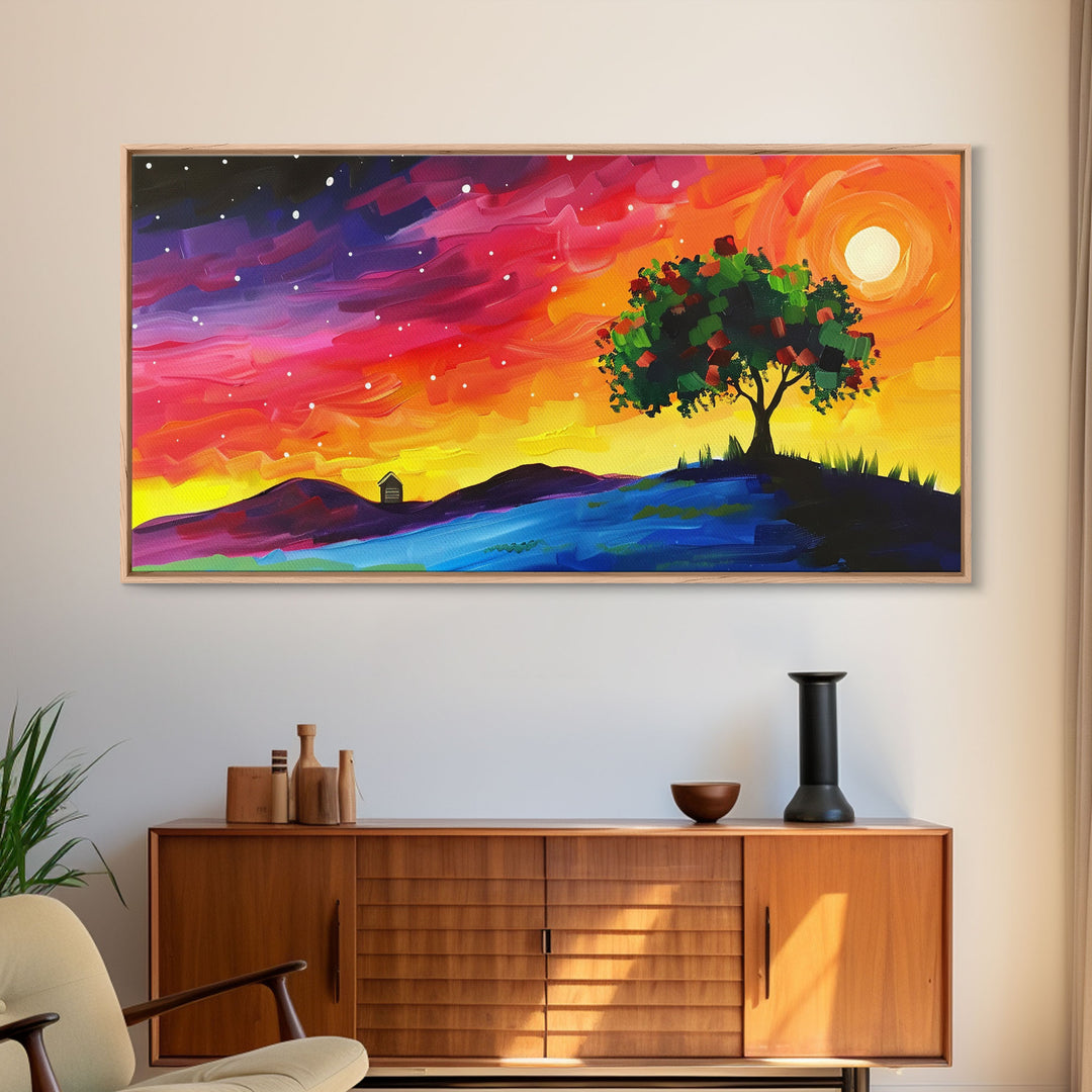 Vibrant Tree Under Starry Sky, Framed Canvas Print, Perfect for Living Room Art, Modern Home Decor, Colorful Bedroom Wall Art