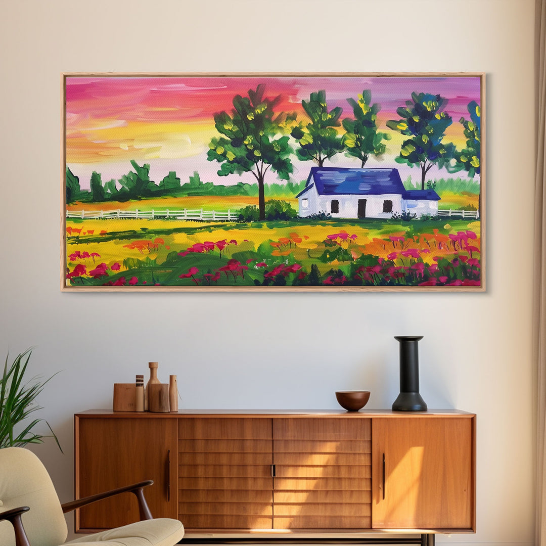 Vibrant Farmhouse Scene with Trees and Flowers, Perfect Living Room Art, Framed Canvas Print, Rustic Home Decoration, Minimalist Decor