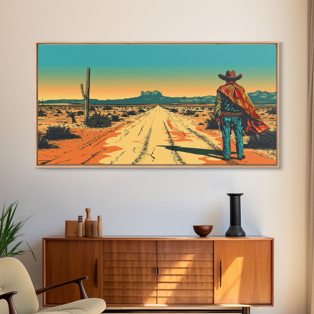 Western Cowboy in Desert Landscape, Rustic Wall Art, Framed Canvas Print, Boho Bedroom Decor, Vintage Home Decoration