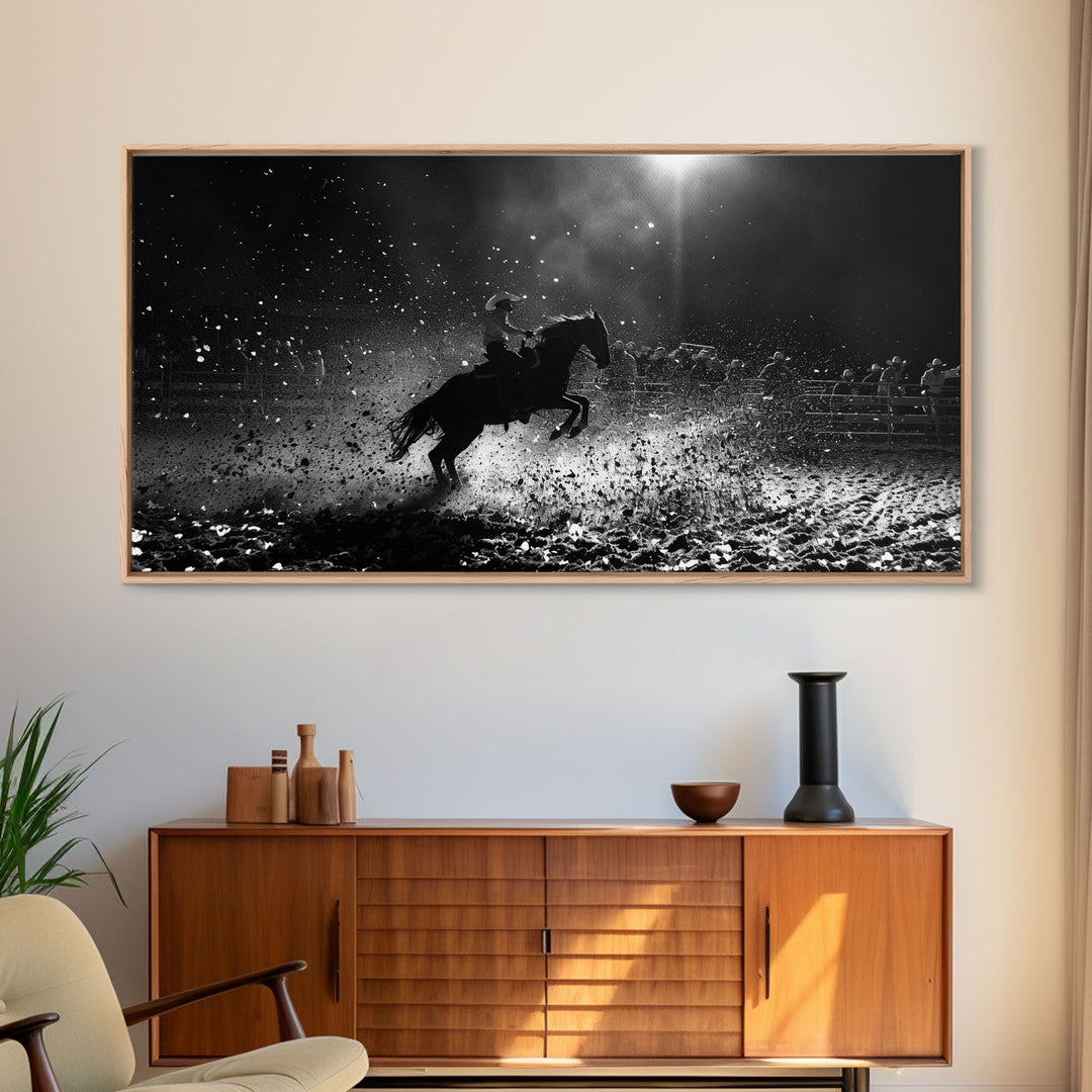 Action-Packed Rodeo Night Scene with Cowboy and Horse, Ideal for Framed Canvas Print, Living Room Wall Art, Perfect Bedroom Decor