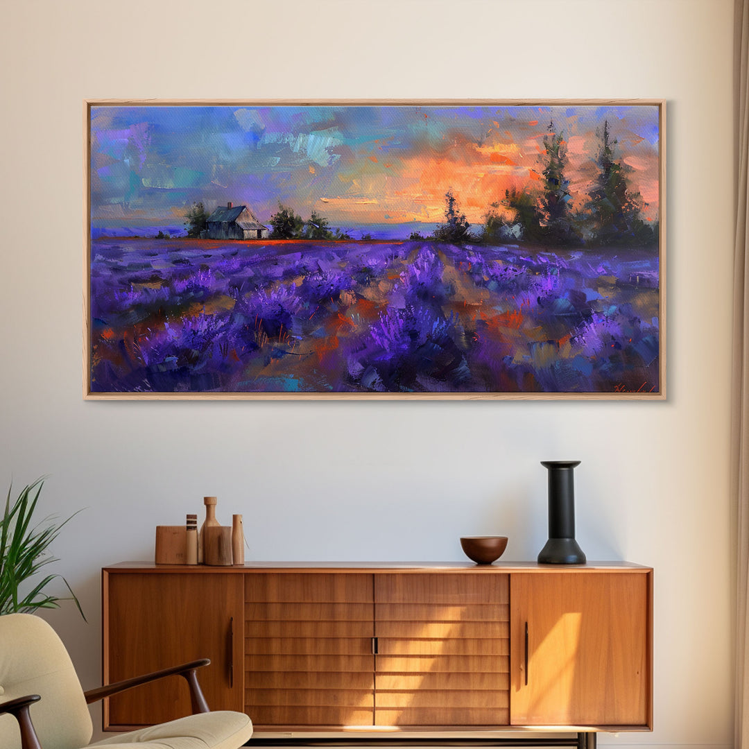 Sunset Over Lavender Field, Romantic Landscape Art, Framed Canvas Print, Cottagecore Decor, Purple Wall Art, Farmhouse Style