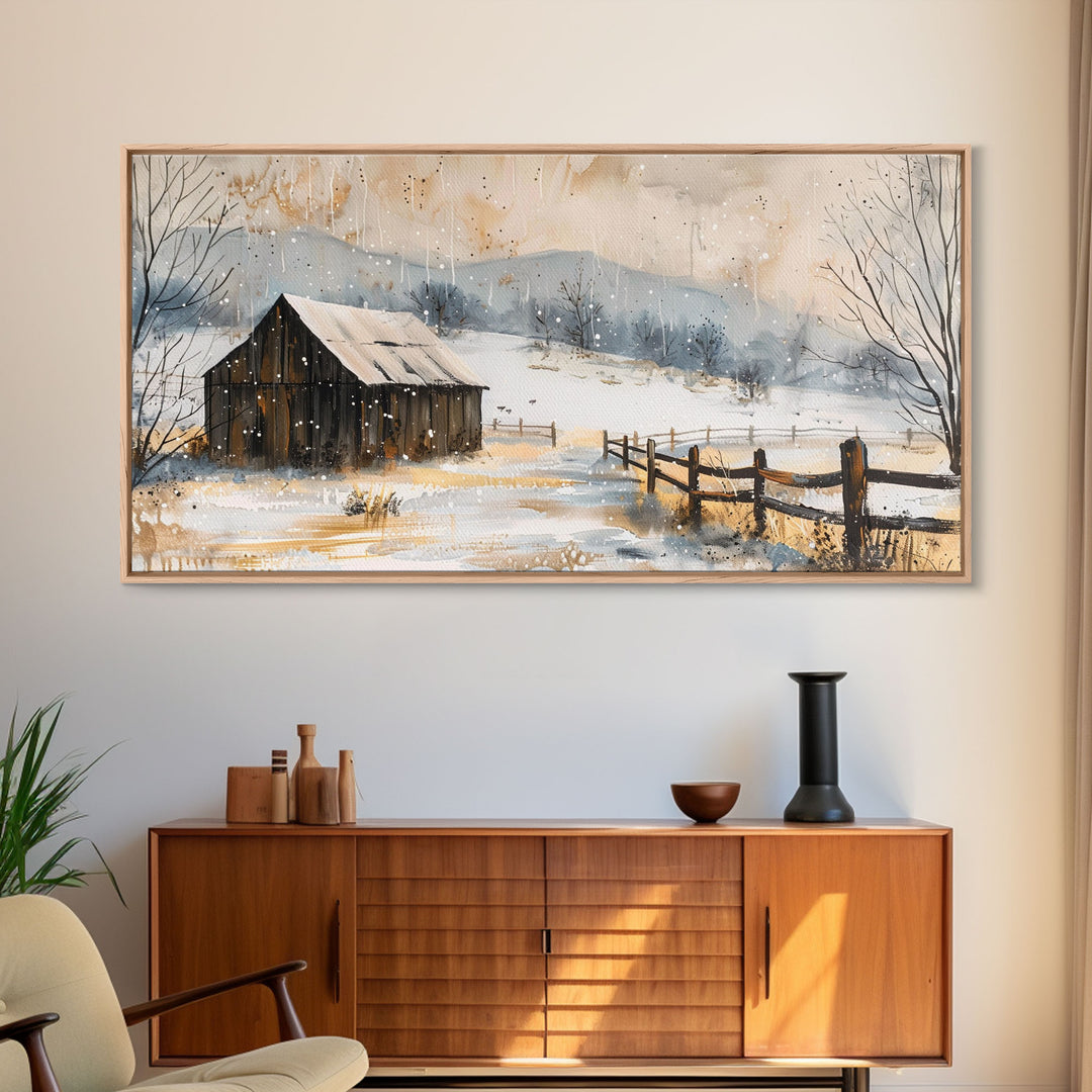 Snowy Barn in Winter Field, Framed Canvas Print, Rustic Wall Art, Living Room Decor, Farmhouse Style, Winter Landscape