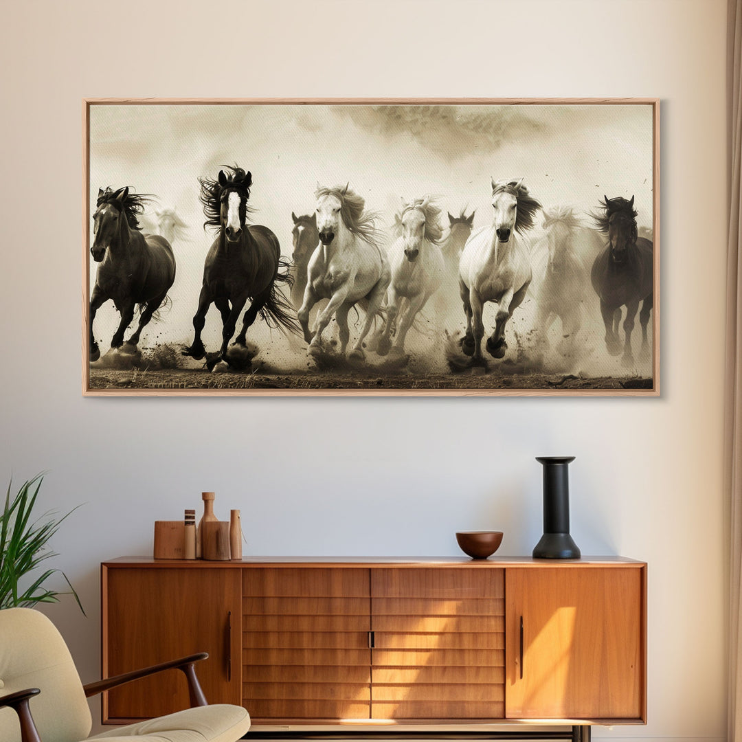 Majestic Running Horses in Dusty Field, Framed Canvas Print, Western Wall Art, Living Room Decor, Nature Scene, Horse Art