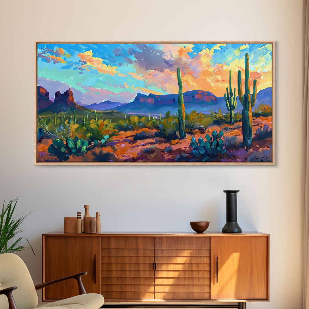 Desert Sunset with Cacti and Mountains, Abstract Southwestern Art, Framed Canvas Print, Rustic Boho Wall Decor, Living Room Art