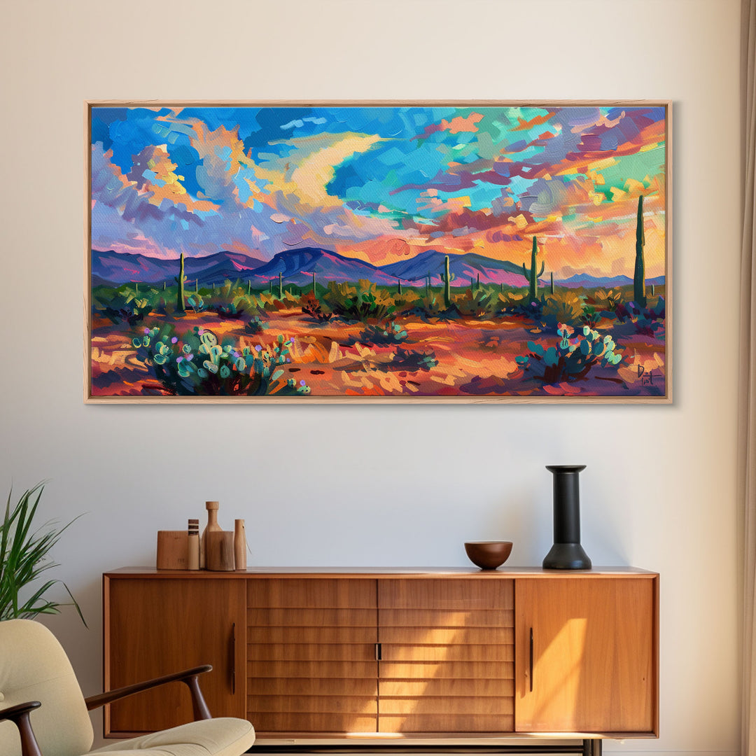 Vibrant Desert Sunset Landscape with Cacti, Framed Canvas Print for Living Room Art, Perfect for Boho and Southwestern Decor