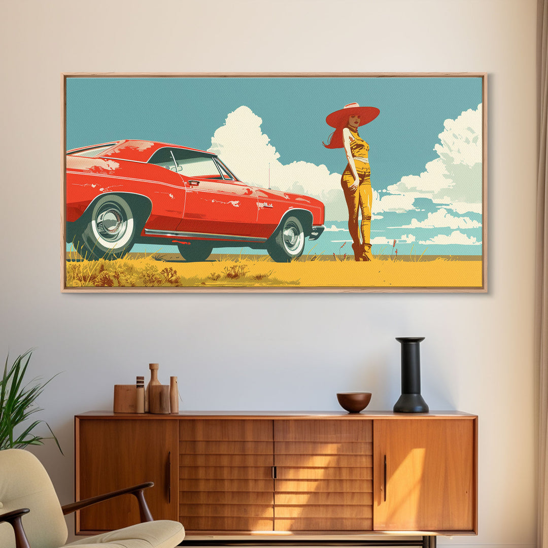 Vintage Cowgirl and Classic Red Car in Pop Art Style, Framed Canvas Print for Bedroom Decor, Perfect Living Room Wall Art