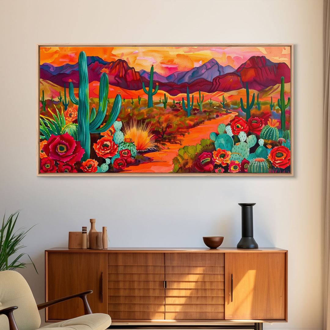 Vibrant desert scene with cacti and blooming flowers, Framed Canvas Print for boho living room, southwestern home decor art