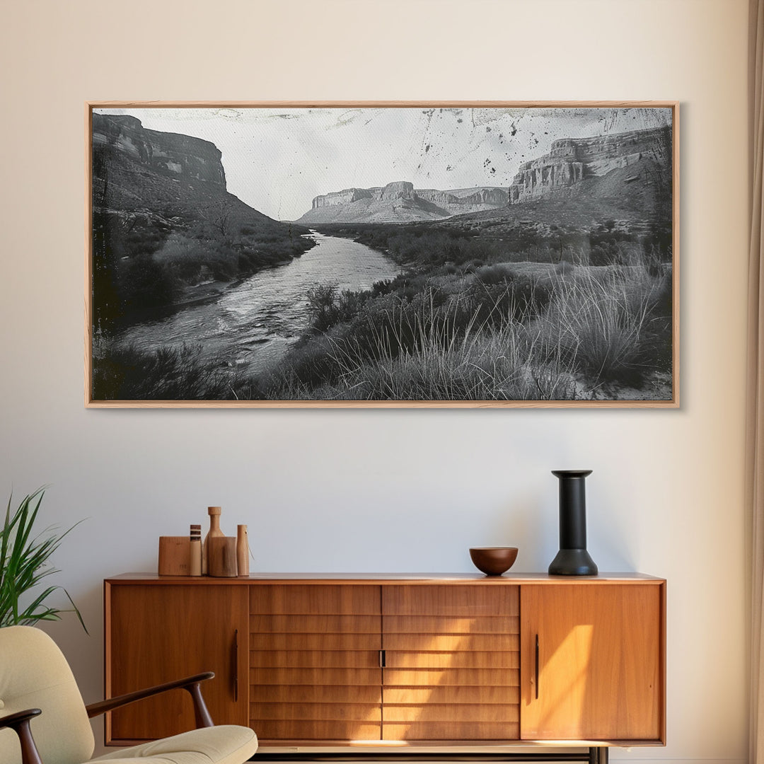 Vintage River Through Canyon, Framed Canvas Print for Rustic Living Room Decor, Ideal Western Wall Art, Bedroom Nature Scene