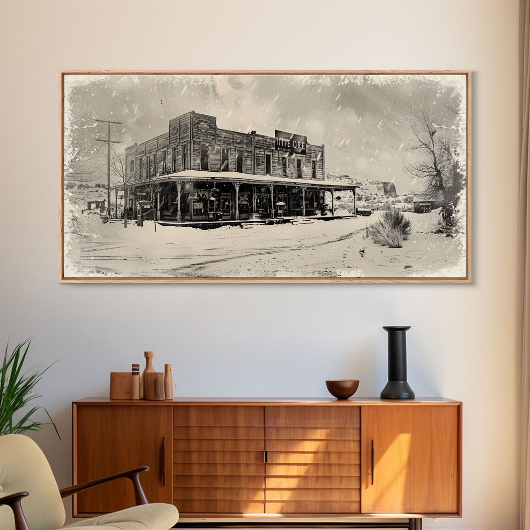 Snowy Western Town with Vintage Charm, Framed Canvas Print for Rustic Living Room Decor, Perfect Bedroom Wall Art, Winter Scene