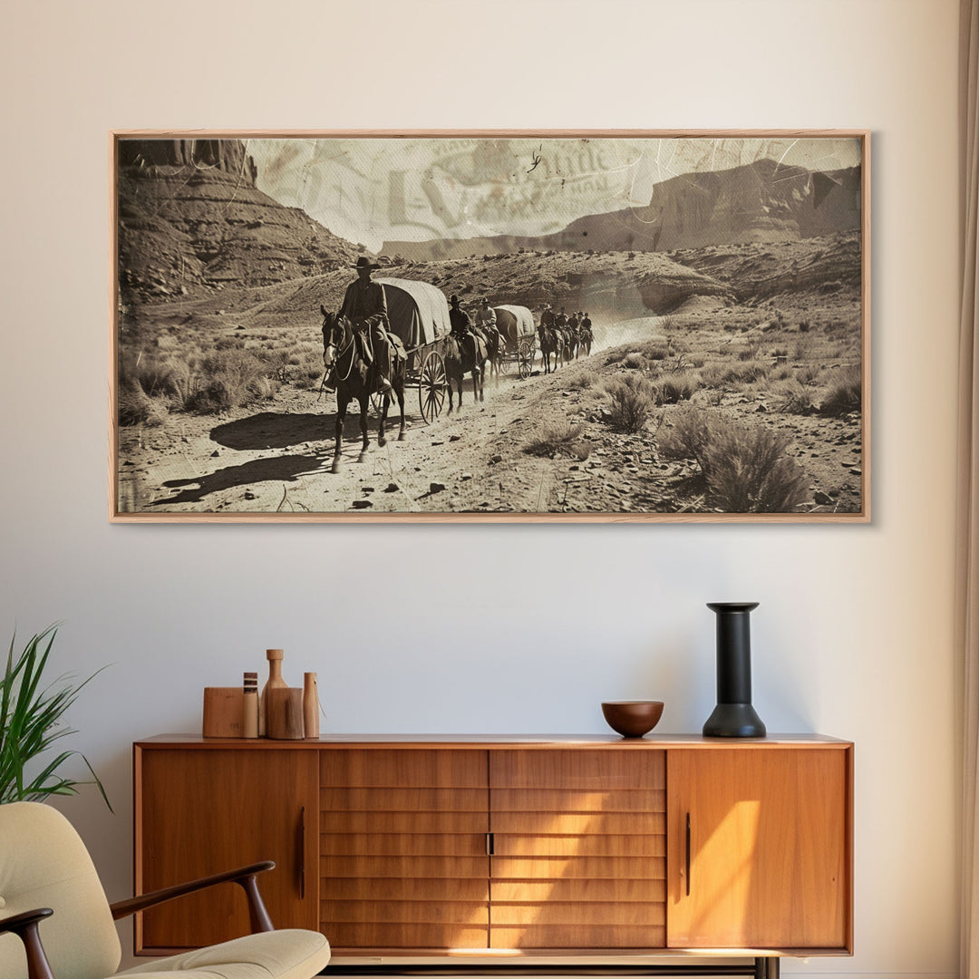 Western Wagon Trail through Desert Canyon, Framed Canvas Print for Farmhouse Living Room Wall Art, Vintage Home Decor, Rustic Scene