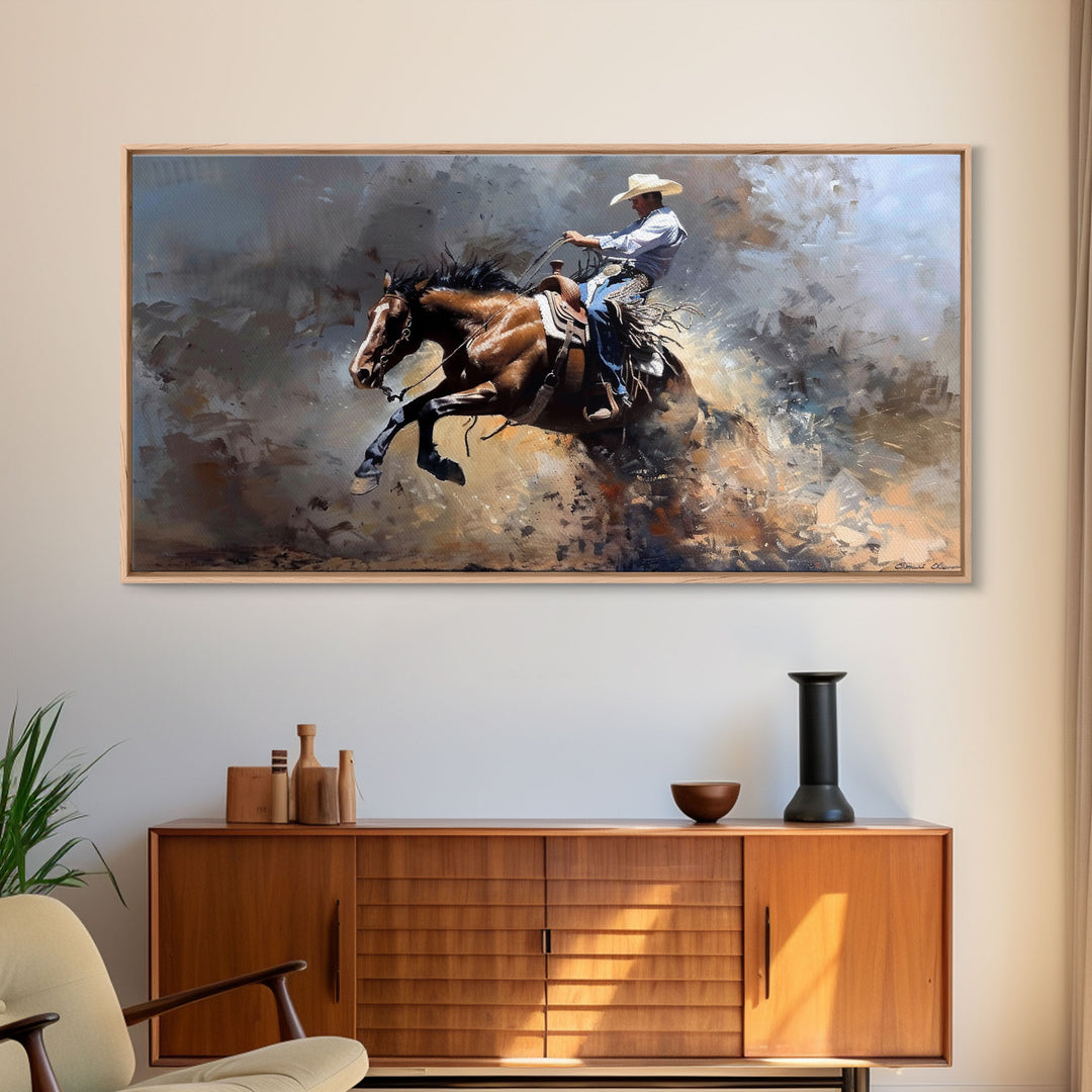 Intense Rodeo Bucking Horse and Cowboy, Vibrant Framed Canvas Print, Great for Western Living Room Art, Bedroom Decor, Rustic Home Wall Art