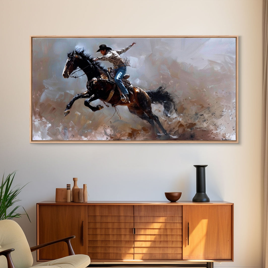 Action-Packed Rodeo Scene with Bucking Horse, Beautiful Framed Canvas Print, Western Living Room Art, Rustic Bedroom Decor, Wall Art