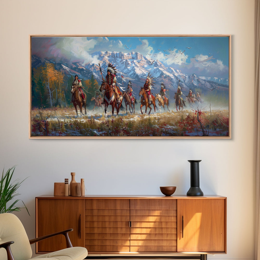 Native American Warriors Riding Through Snow-Capped Mountains, Ideal Wall Art, Framed Canvas Print Living Room Bedroom Decor, Historical Art