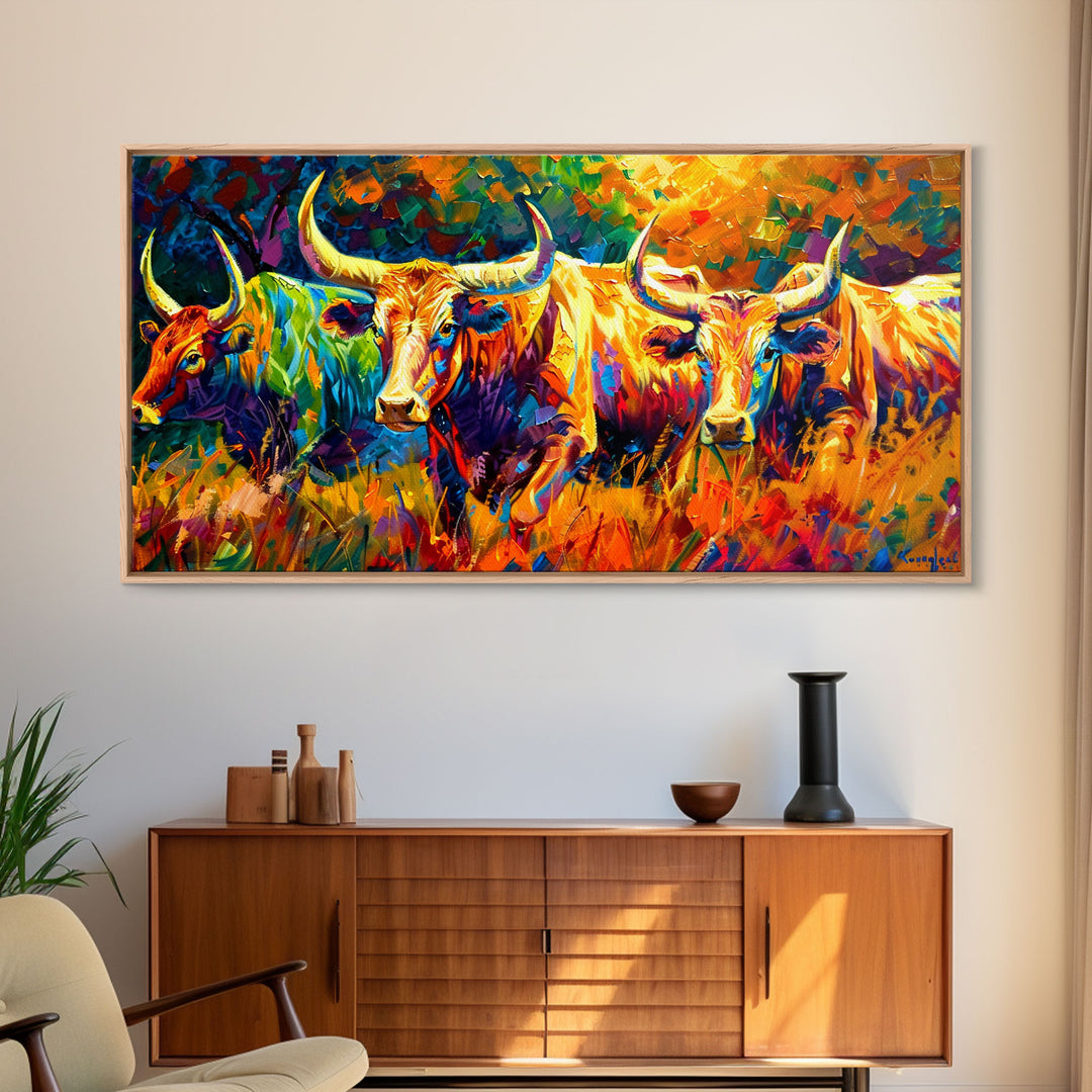 Vibrant Cattle in Abstract Art Style, Perfect for Living Room Art, Framed Canvas Print, Bedroom Decor, Home Decoration, Farmhouse Decor