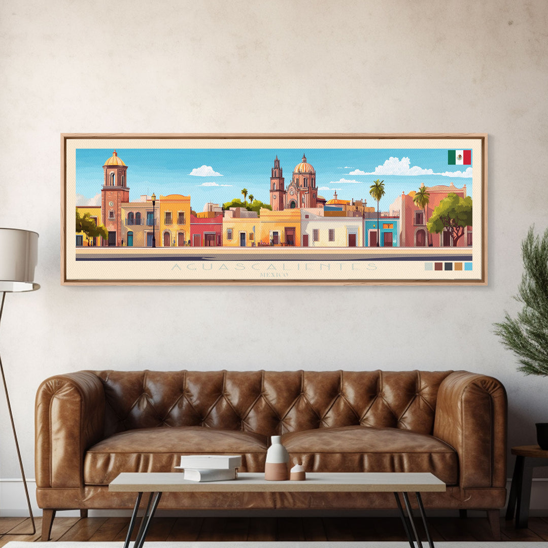 Aguascalientes, Mexico Panoramic Travel Poster Canvas Print, Aguascalientes, Mexico Painting, Mexico Art, Aguascalientes Travel Art, Guest Room Painting