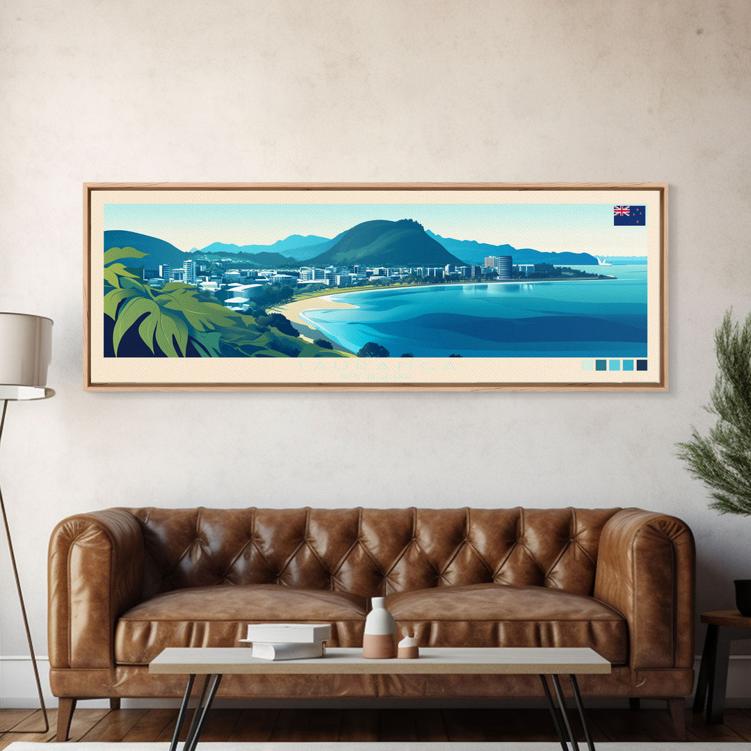 Tauranga, New Zealand Travel Poster Panoramic Canvas Print, Tauranga, New Zealand Painting, New Zealand Art, Tauranga Travel Art, Guest Room Painting