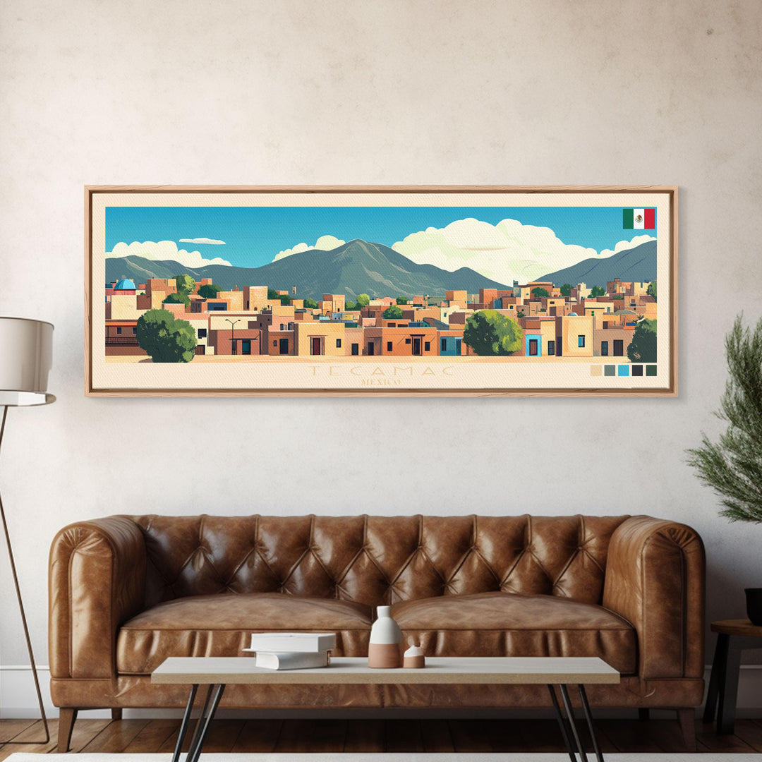 Tecamac, Mexico Panoramic Travel Poster Canvas Print, Tecamac, Mexico Painting, Mexico Art, Tecamac Travel Art, Guest Room Painting