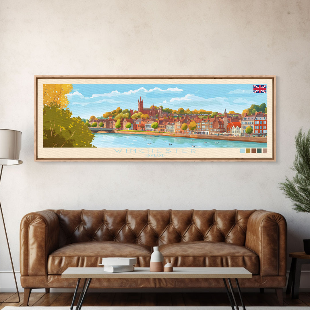 Winchester, England Travel Poster Panoramic Canvas Print, Winchester, England Painting, England Art, Winchester Travel Art, Guest Room Painting