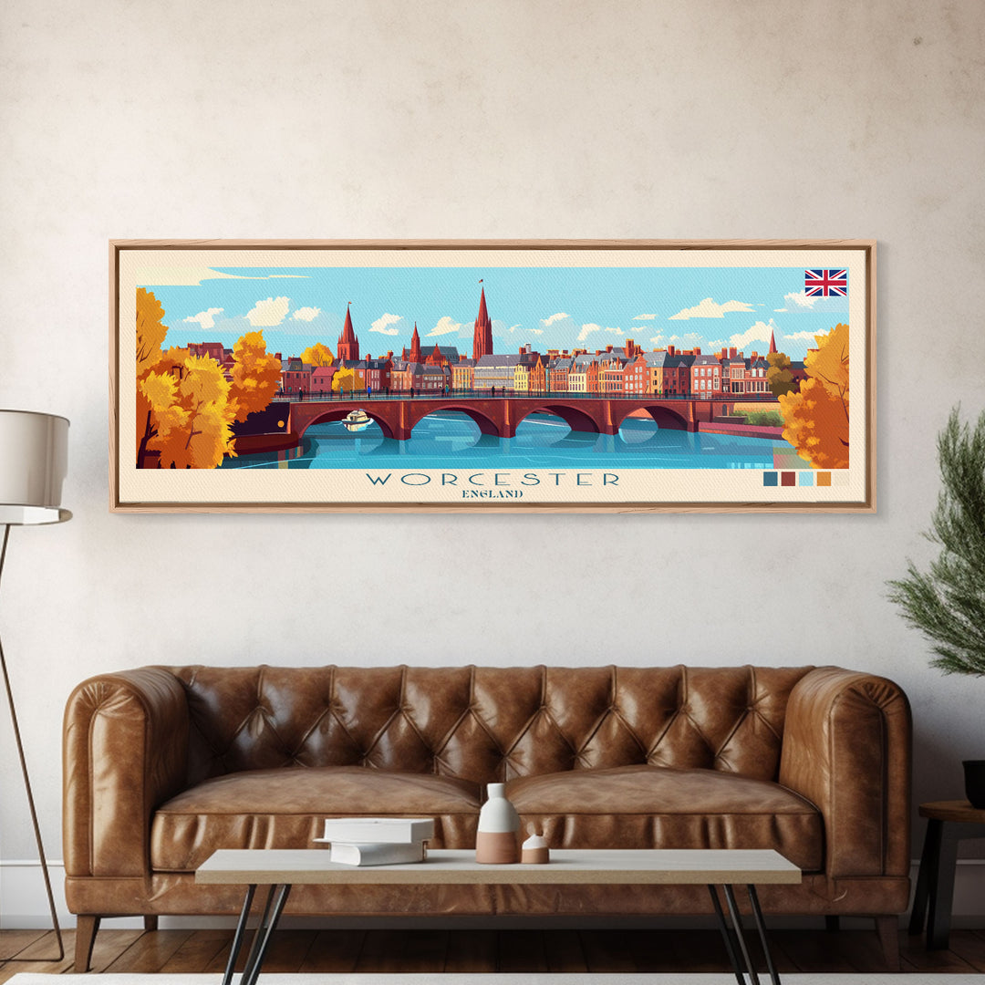 Worcester, England Panoramic Travel Poster Canvas Print, Worcester, England Painting, England Art, Worcester Travel Art, Guest Room Painting