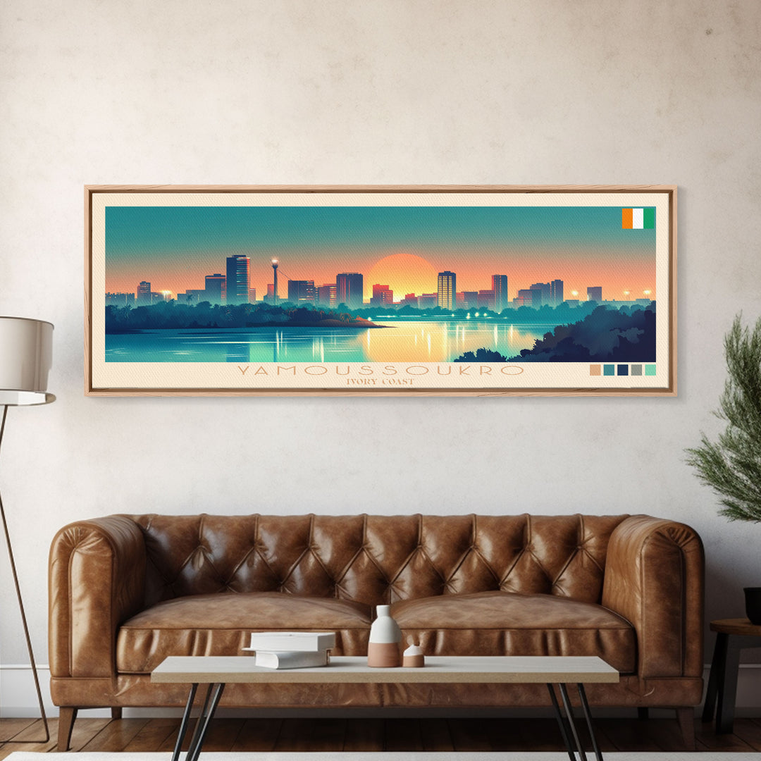 Yamoussoukro, Ivory Coast Travel Poster Panoramic Canvas Print, Yamoussoukro, Ivory Coast Painting, Ivory Coast Art, Yamoussoukro Travel Art, Guest Room Painting