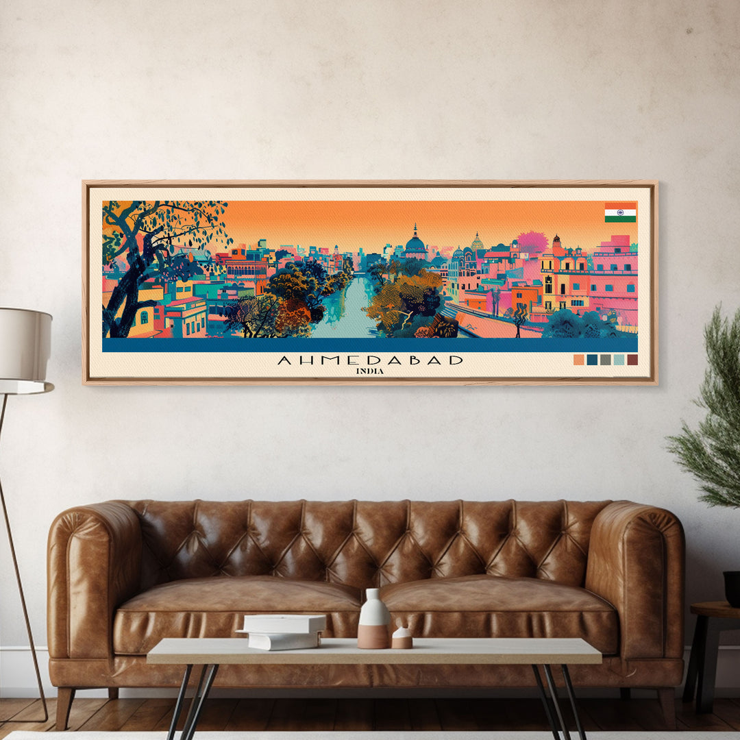 Ahmedabad, India Panoramic Canvas Print, Ahmedabad, India Painting, India Art, Ahmedabad Travel Poster, Travel Art, Vacation Gift