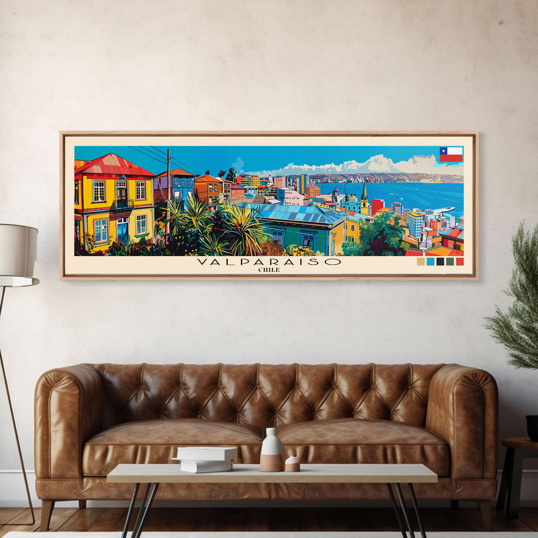 Valparaiso, Chile Panoramic Canvas Print, Valparaiso, Chile Painting, Chile Art, Valparaiso Travel Poster, Travel Art, Living Room Painting