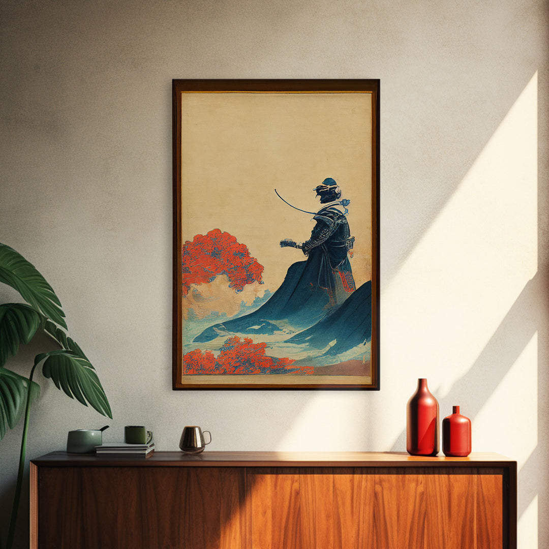 Samurai and Japanese Maple Tree Portrait, Framed Canvas Print, Ready To Hang Framed Wall Art