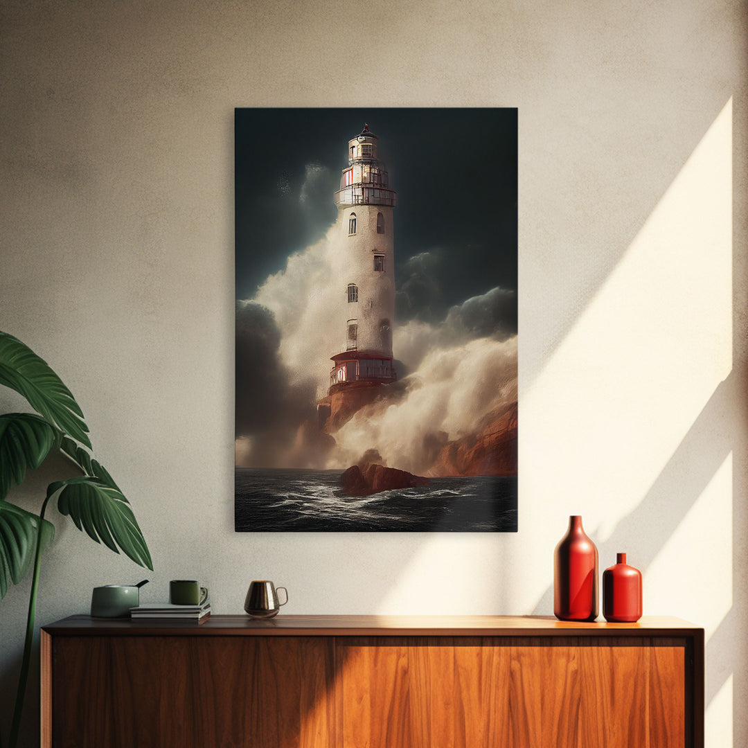 Lighthouse In A Hurricane, Storm Art, Framed Canvas Print, Ready To Hang Framed Wall Art, Living Room Wall Hanging