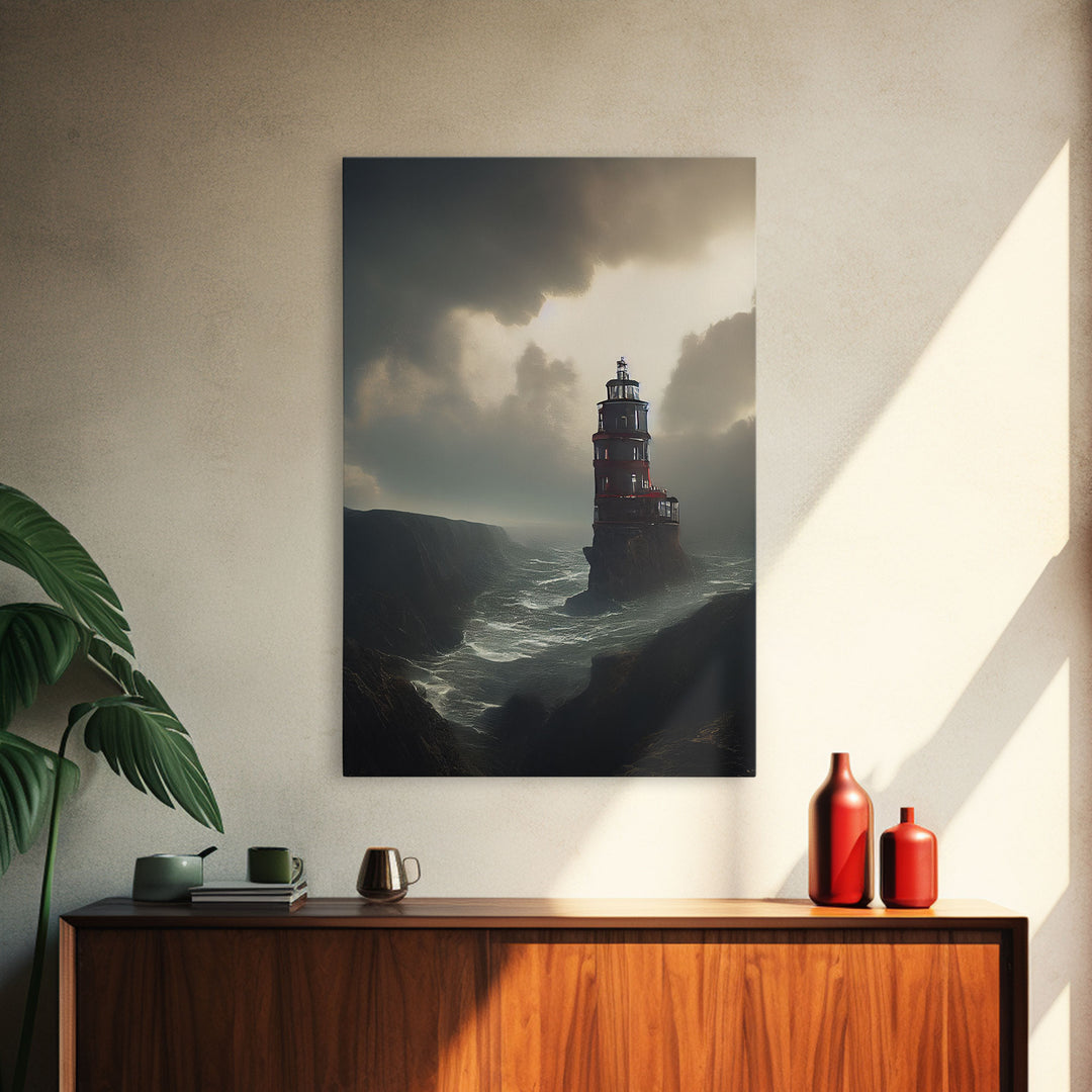 Lighthouse Protecting the Cliffs, Framed Canvas Print, Ready To Hang Framed Wall Art, Living Room Wall Hanging